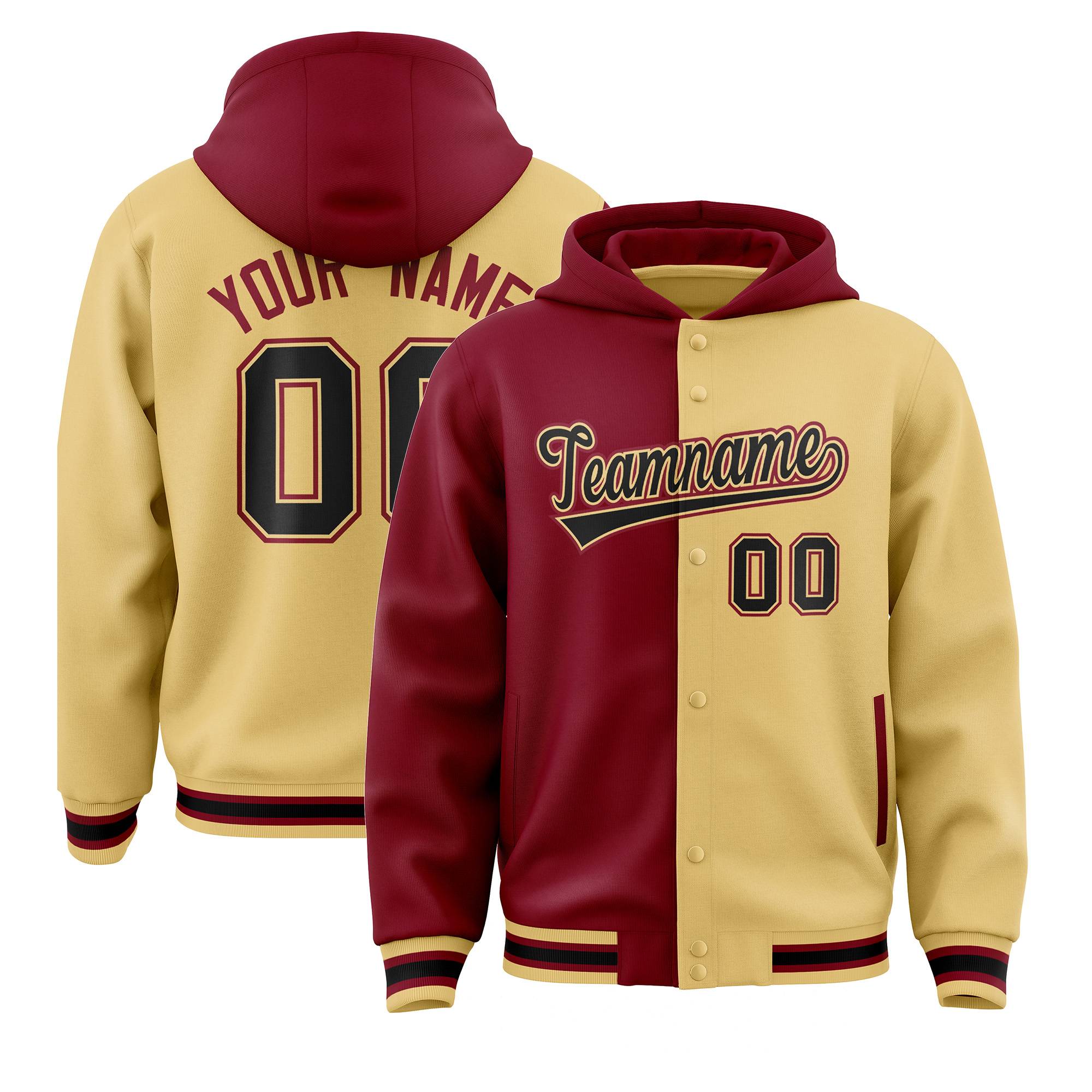 Custom Crimson Khaki Split Fashion Varsity Full-Snap Letterman Two Tone Hoodie Jacket