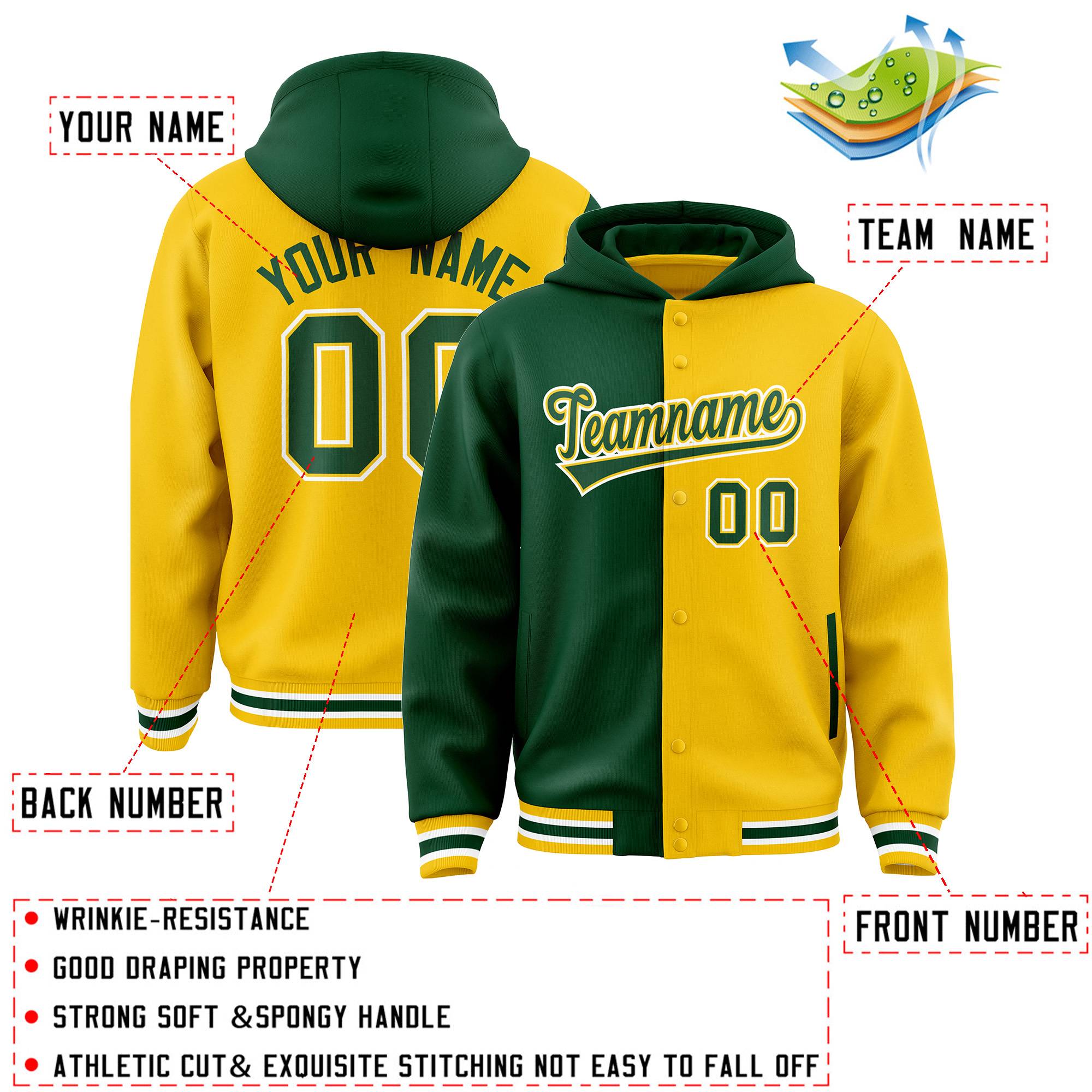 Custom Green Gold Split Fashion Varsity Full-Snap Letterman Two Tone Hoodie Jacket