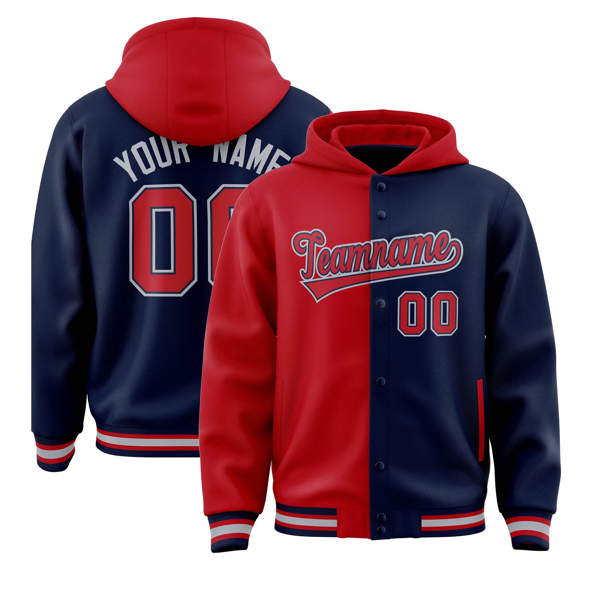 Custom Red Navy Split Fashion Varsity Full-Snap Letterman Two Tone Hoodie Jacket