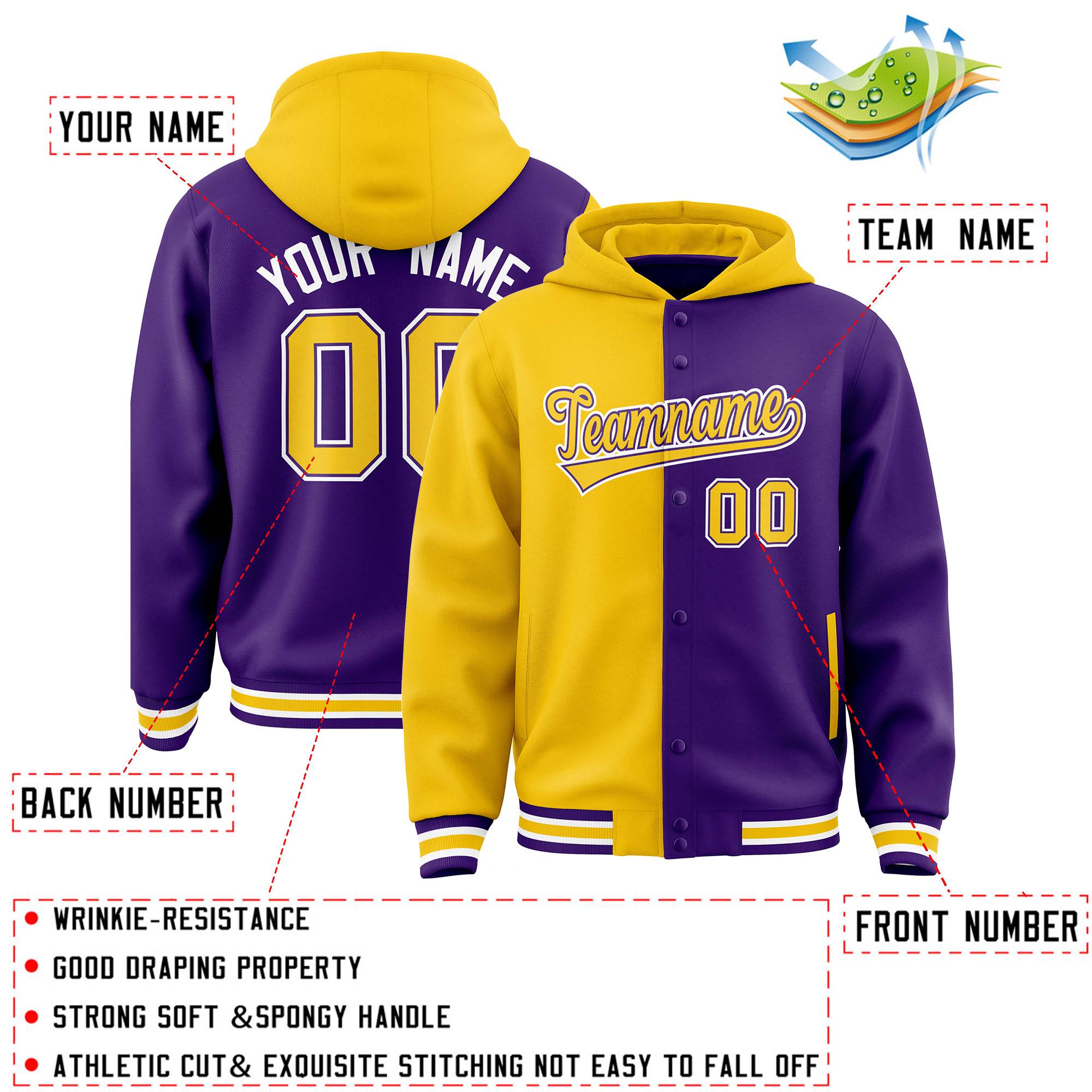 Custom Gold Purple Split Fashion Varsity Full-Snap Letterman Two Tone Hoodie Jacket