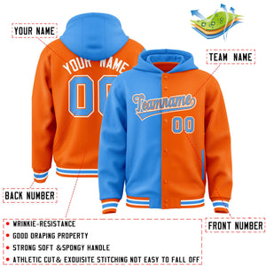 Custom Powder Blue Orange Split Fashion Varsity Full-Snap Letterman Two Tone Hoodie Jacket