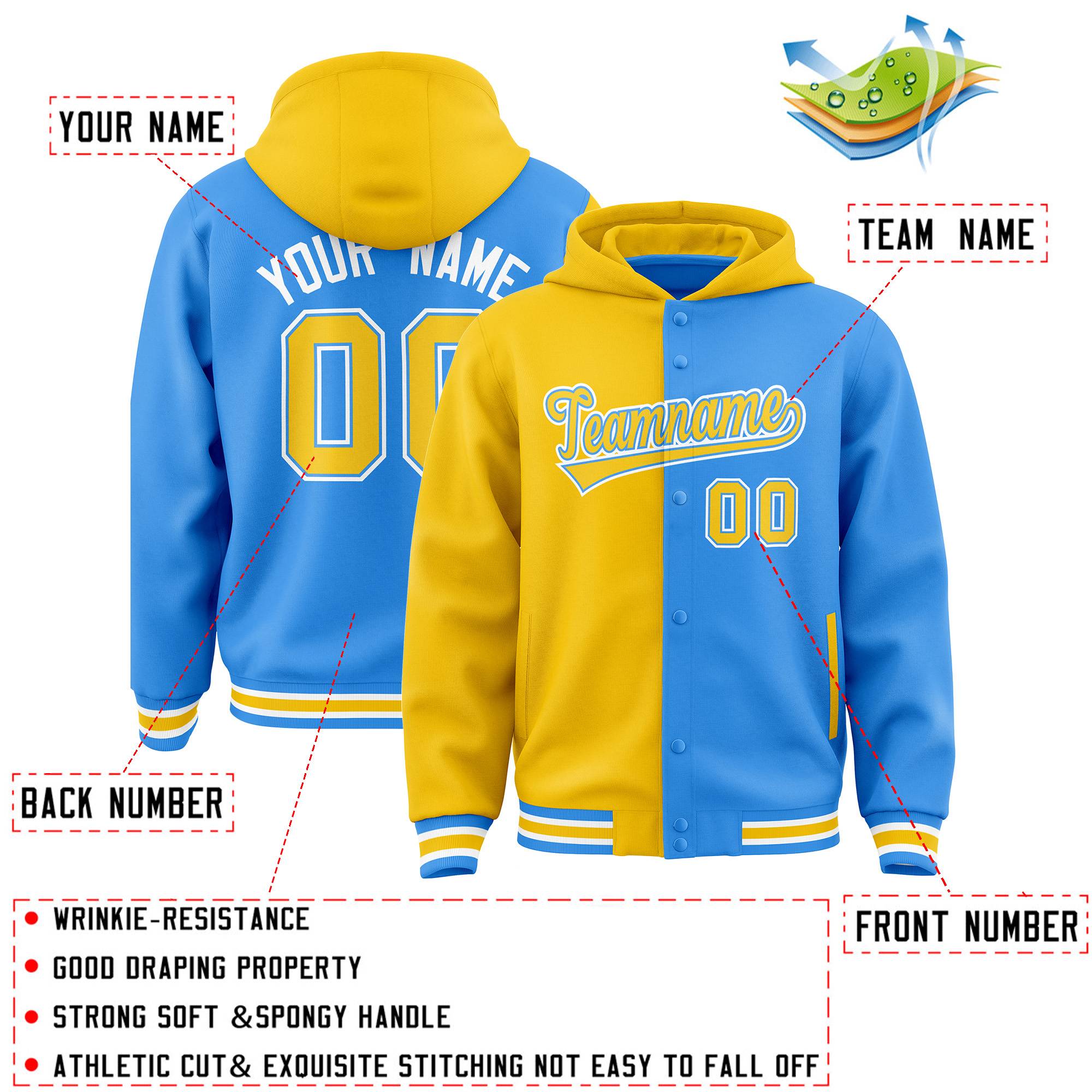 Custom Gold Powder Blue Split Fashion Varsity Full-Snap Letterman Two Tone Hoodie Jacket