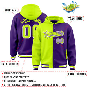 Custom Neon Green Purple Split Fashion Varsity Full-Snap Letterman Two Tone Hoodie Jacket