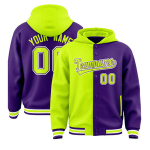 Custom Neon Green Purple Split Fashion Varsity Full-Snap Letterman Two Tone Hoodie Jacket