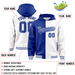 Custom Royal White Split Fashion Varsity Full-Snap Letterman Two Tone Hoodie Jacket