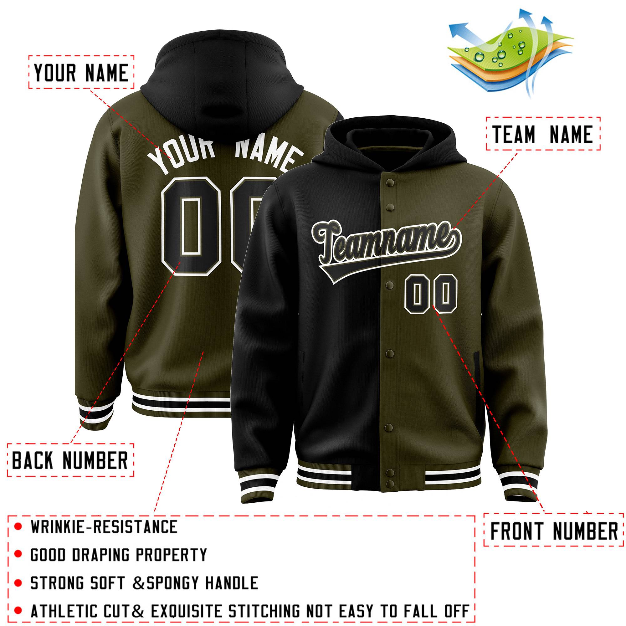 Custom Black Olive Split Fashion Varsity Full-Snap Letterman Two Tone Hoodie Jacket