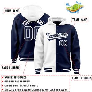 Custom White Navy Split Fashion Varsity Full-Snap Letterman Two Tone Hoodie Jacket