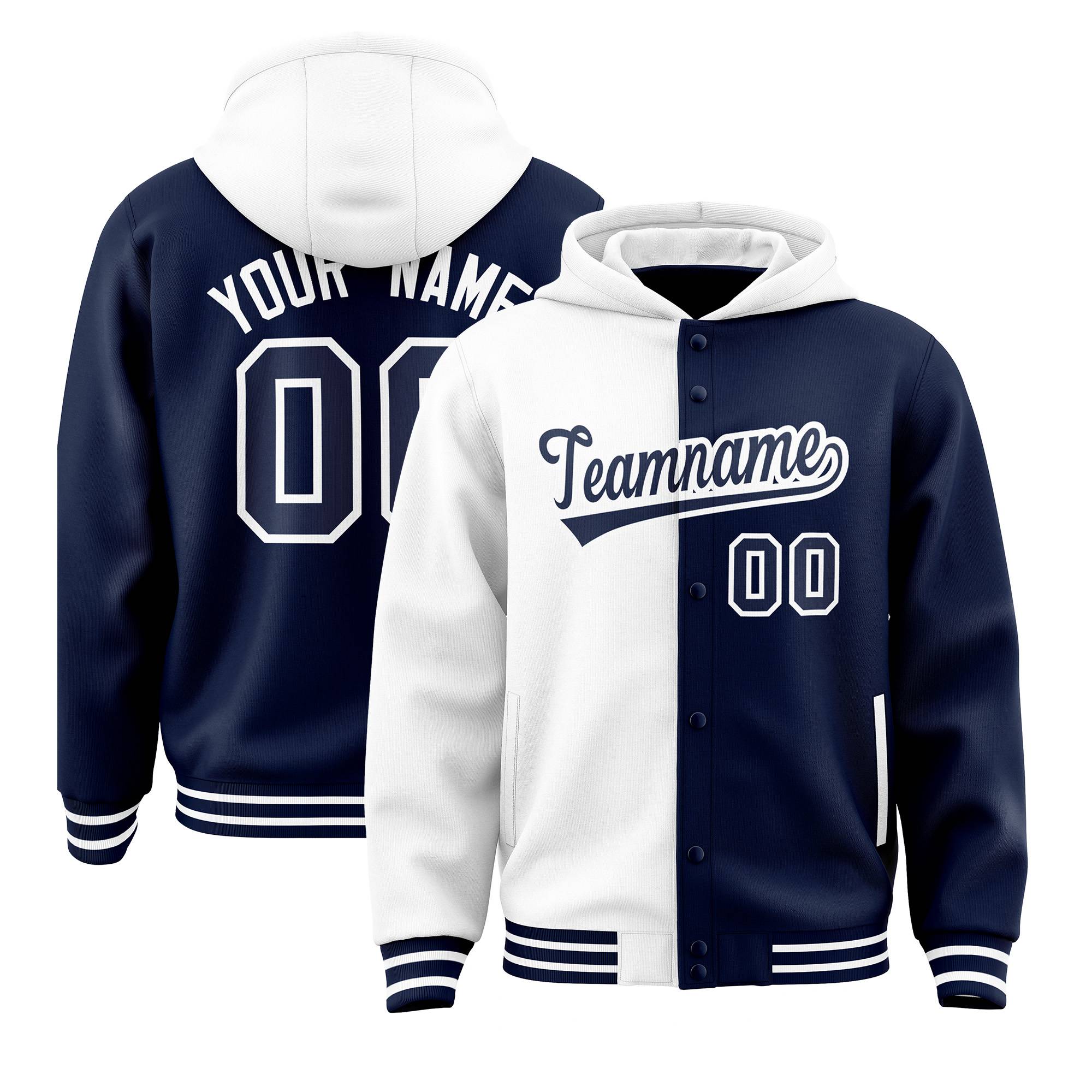 Custom White Navy Split Fashion Varsity Full-Snap Letterman Two Tone Hoodie Jacket