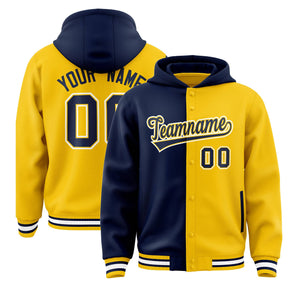 Custom Navy Gold Split Fashion Varsity Full-Snap Letterman Two Tone Hoodie Jacket