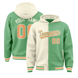 Custom Cream Green Split Fashion Varsity Full-Snap Letterman Two Tone Hoodie Jacket