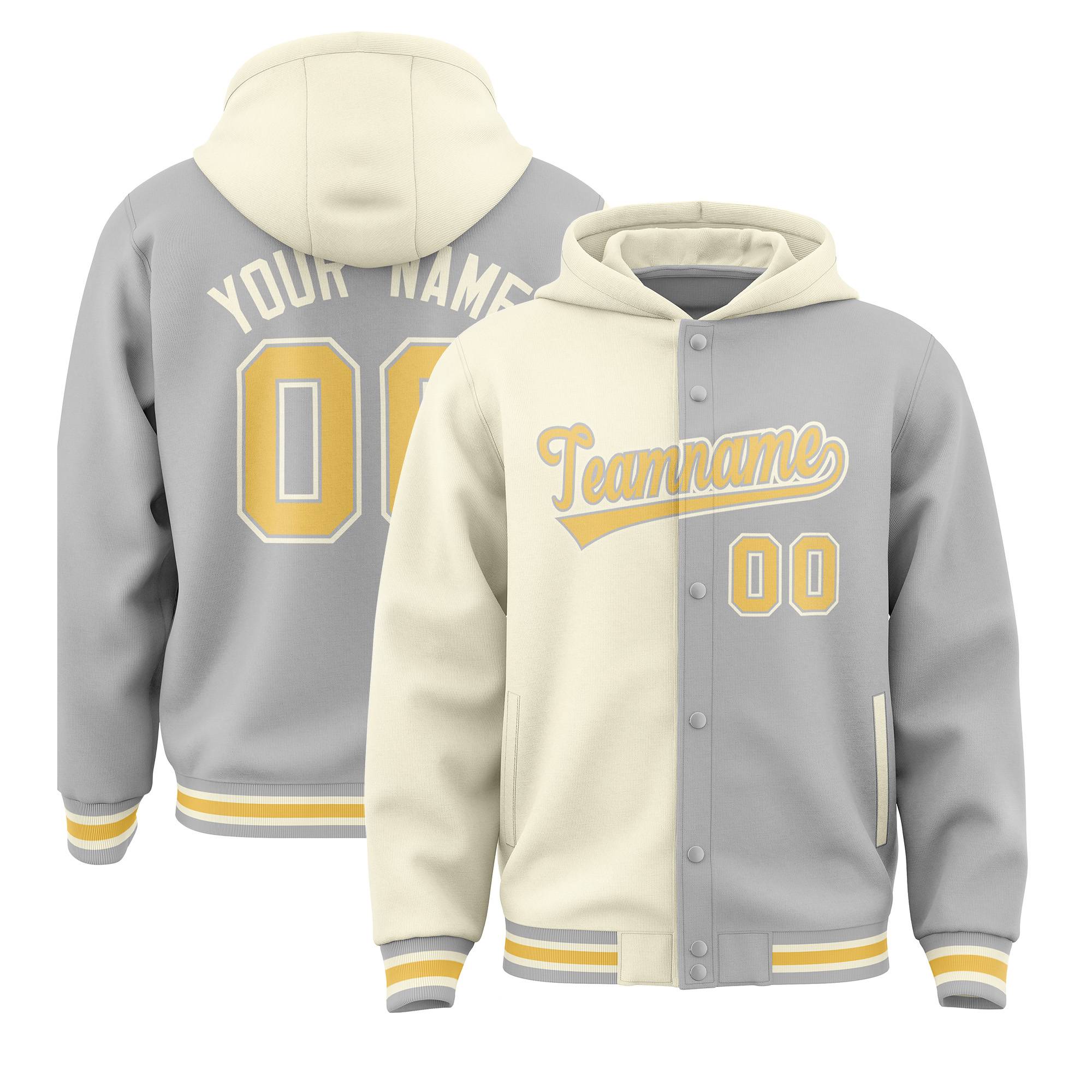 Custom Cream Gray Split Fashion Varsity Full-Snap Letterman Two Tone Hoodie Jacket