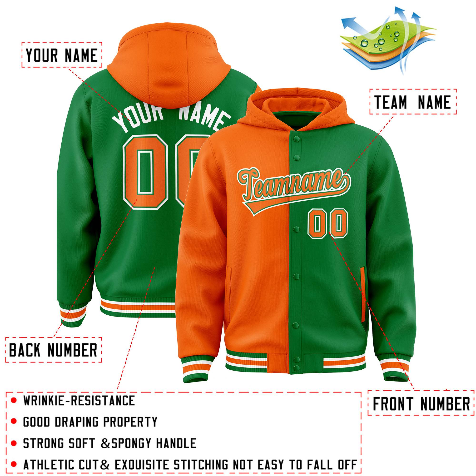 Custom Orange Kelly Green Split Fashion Varsity Full-Snap Letterman Two Tone Hoodie Jacket