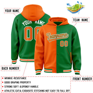 Custom Orange Kelly Green Split Fashion Varsity Full-Snap Letterman Two Tone Hoodie Jacket