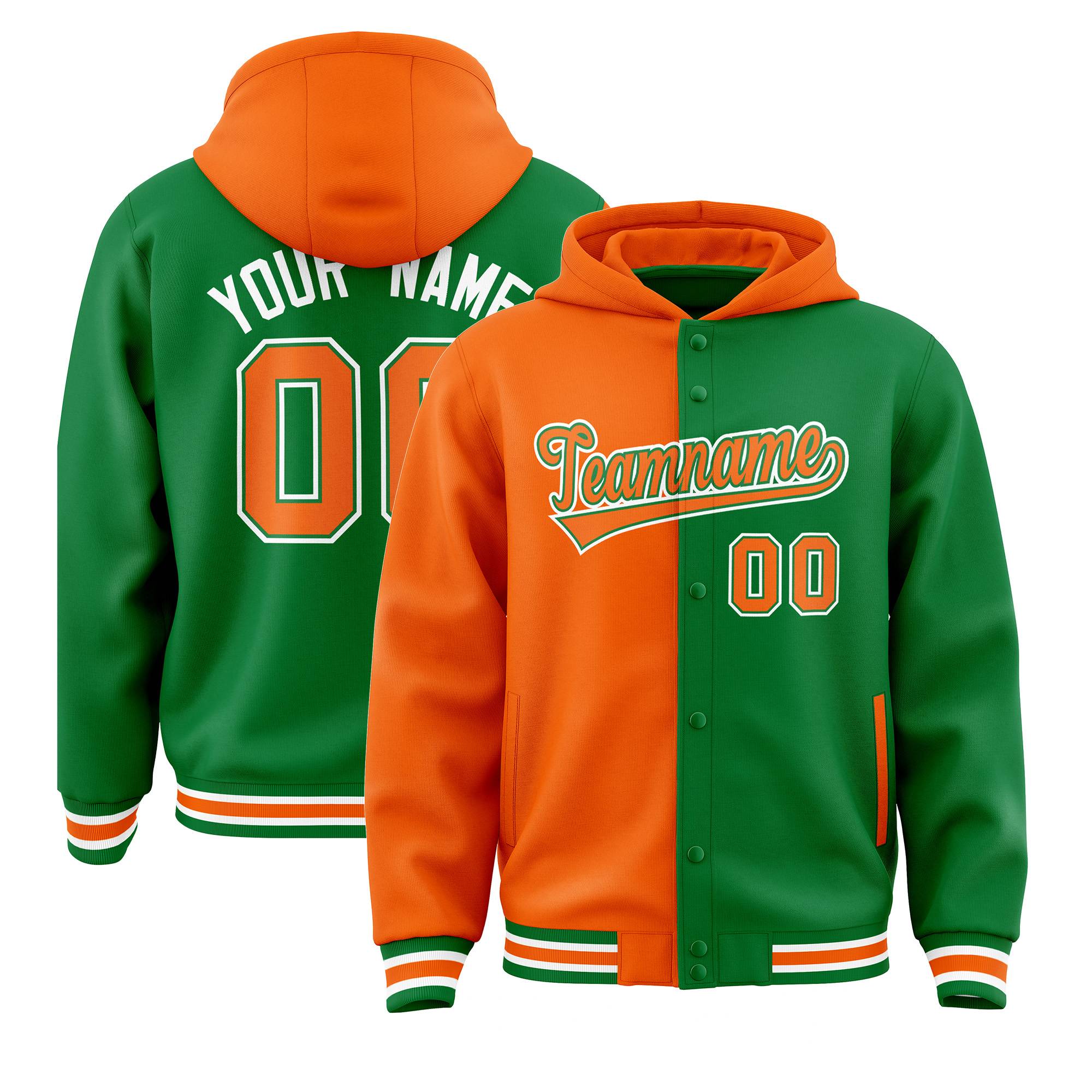 Custom Orange Kelly Green Split Fashion Varsity Full-Snap Letterman Two Tone Hoodie Jacket