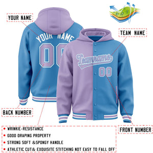 Custom Light Purple Powder Blue Split Fashion Varsity Full-Snap Letterman Two Tone Hoodie Jacket