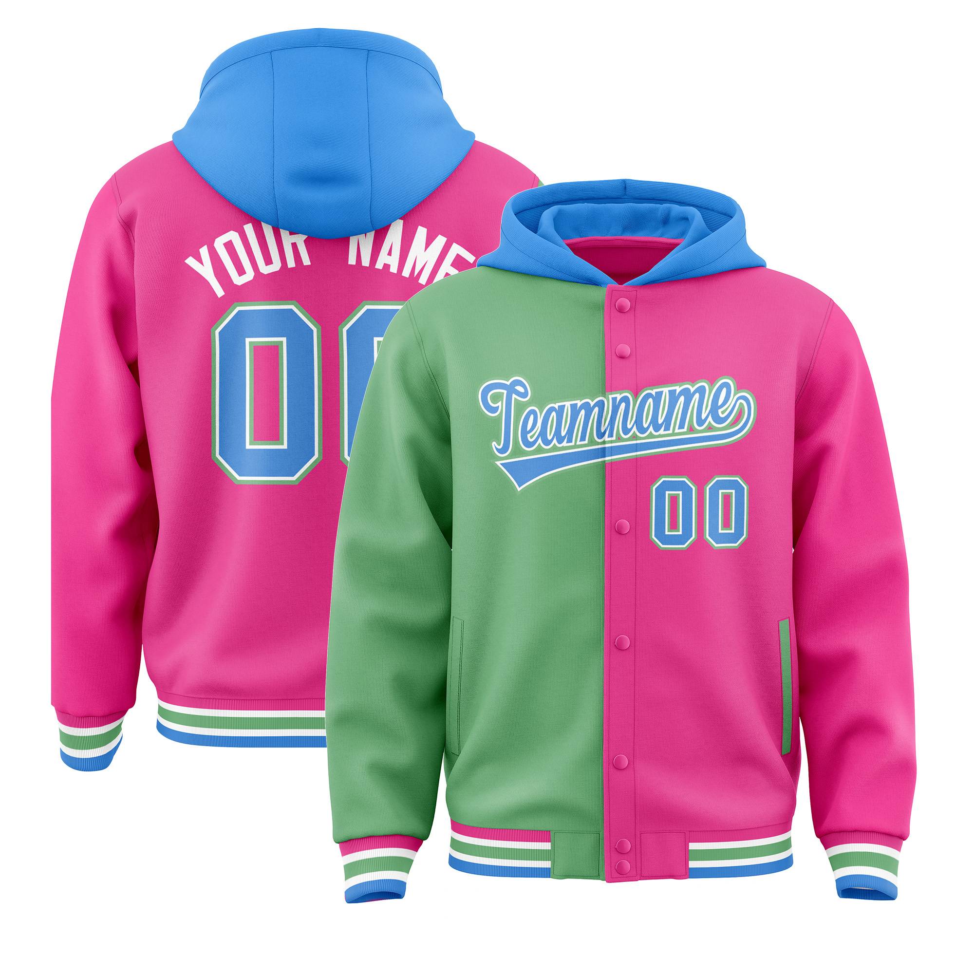 Custom Green Pink Split Fashion Varsity Full-Snap Letterman Two Tone Jacket Hoodie