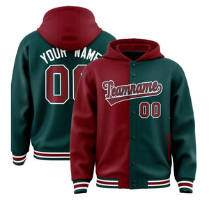 Custom Crimson Midnight Green Split Fashion Varsity Full-Snap Letterman Two Tone Hoodie Jacket