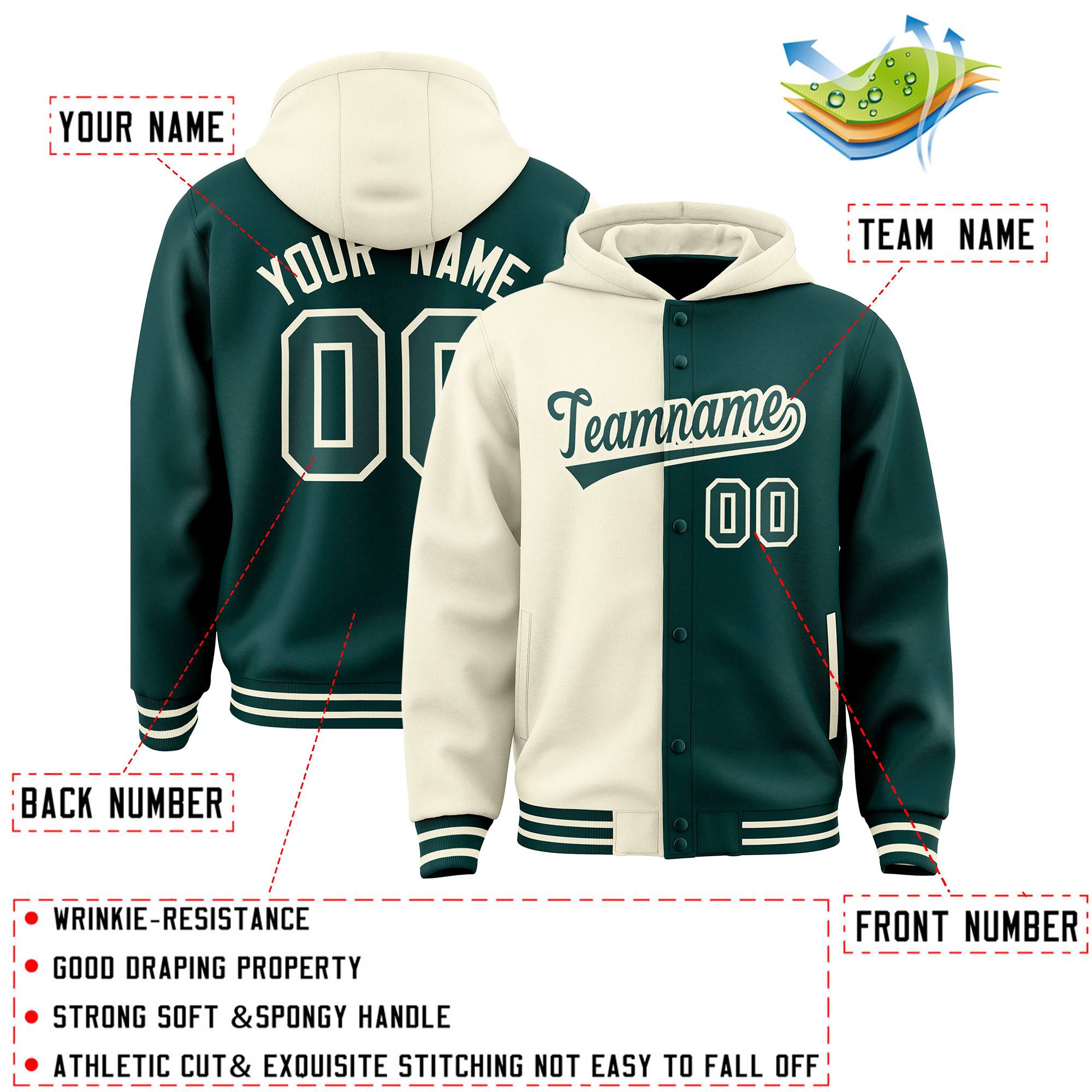 Custom Cream Midnight Green Split Fashion Varsity Full-Snap Letterman Two Tone Jacket Hoodie