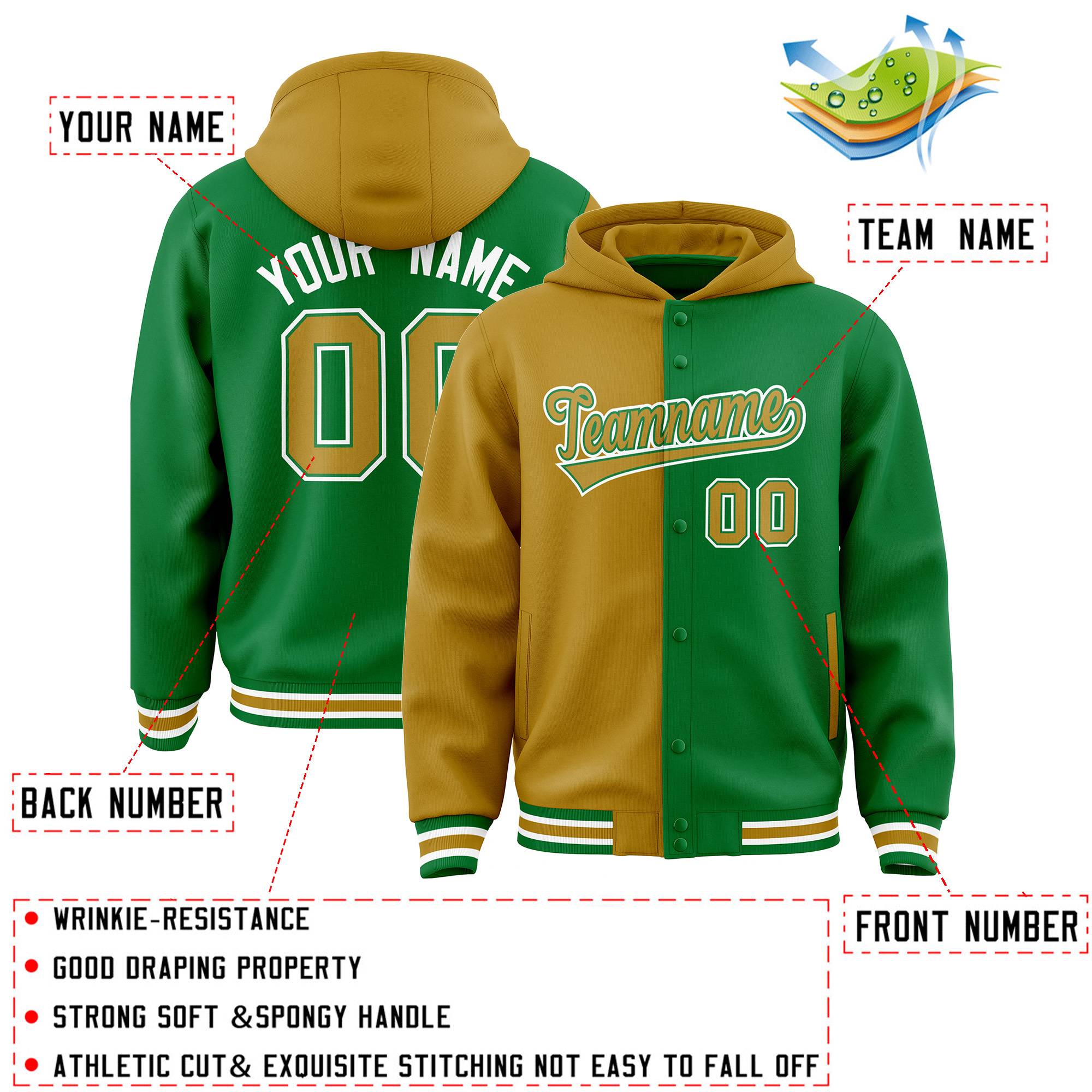 Custom Old Gold Kelly Green Split Fashion Varsity Full-Snap Letterman Two Tone Hoodie Jacket