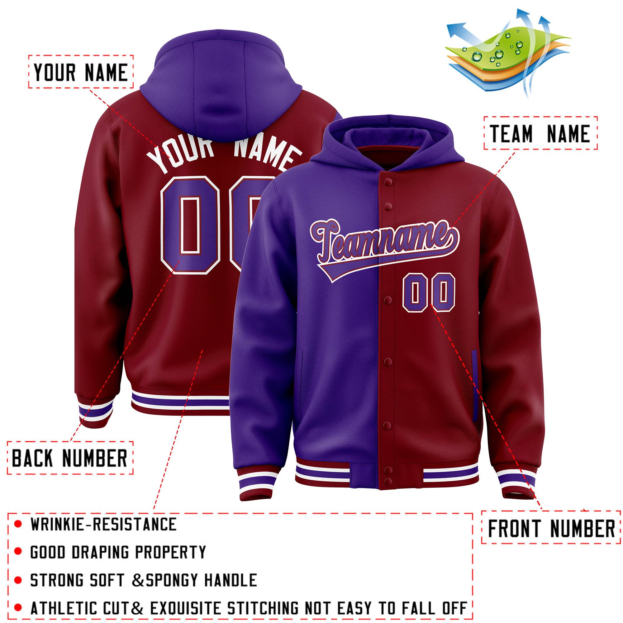 Custom Purple Crimson Split Fashion Varsity Full-Snap Letterman Two Tone Hoodie Jacket