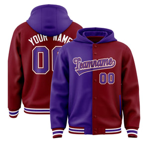 Custom Purple Crimson Split Fashion Varsity Full-Snap Letterman Two Tone Hoodie Jacket