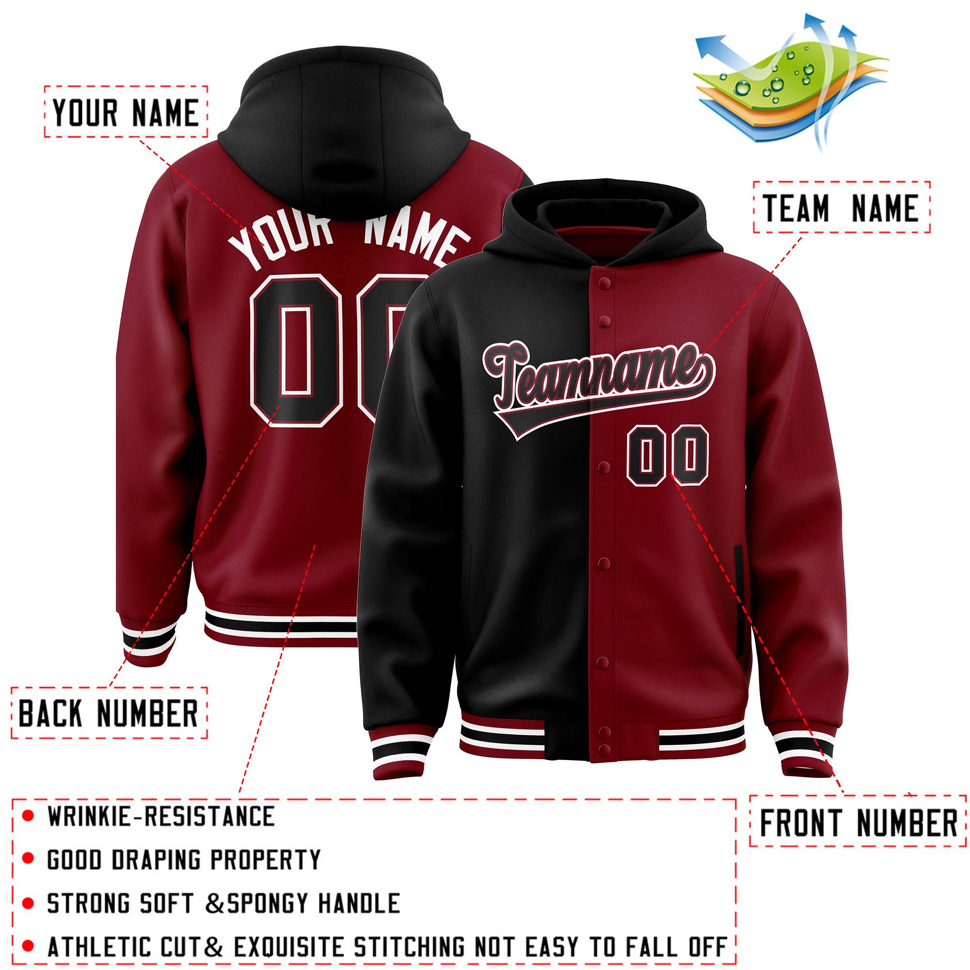 Custom Black Crimson Split Fashion Varsity Full-Snap Letterman Two Tone Hoodie Jacket