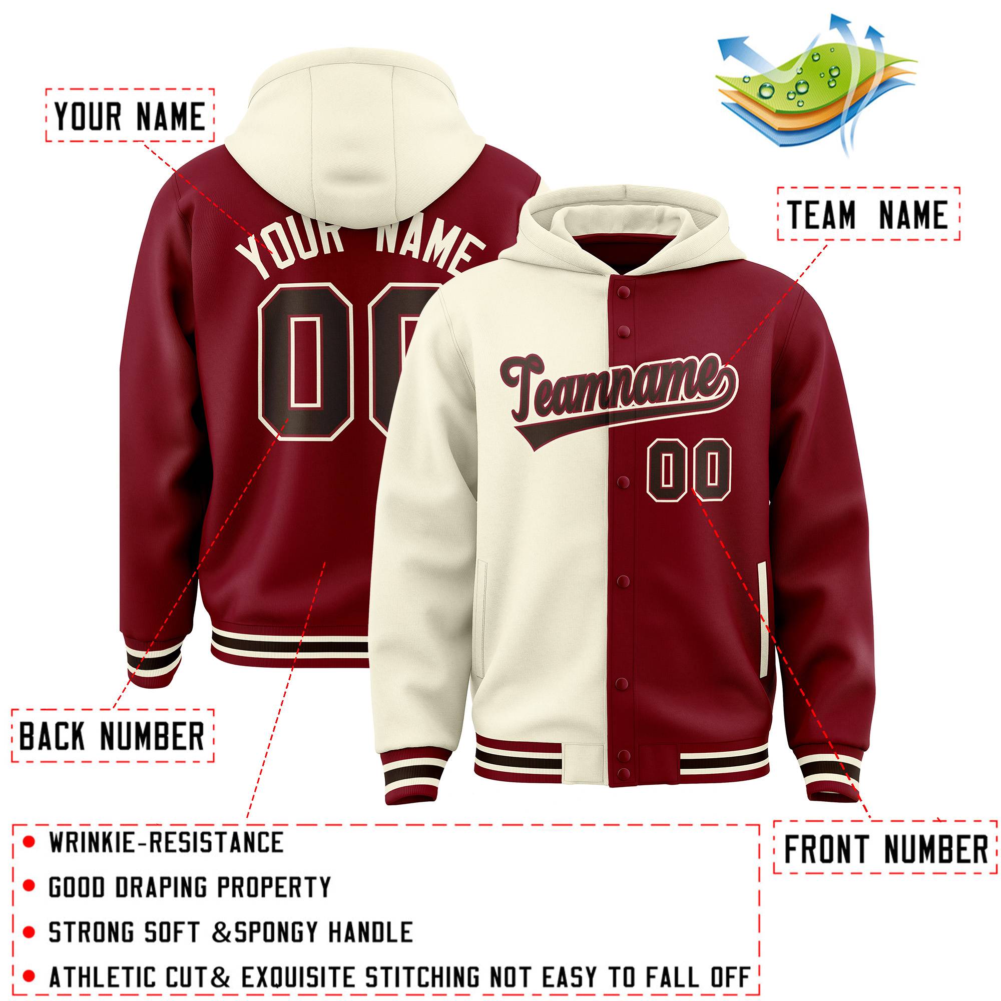 Custom Cream Crimson Split Fashion Varsity Full-Snap Letterman Two Tone Hoodie Jacket