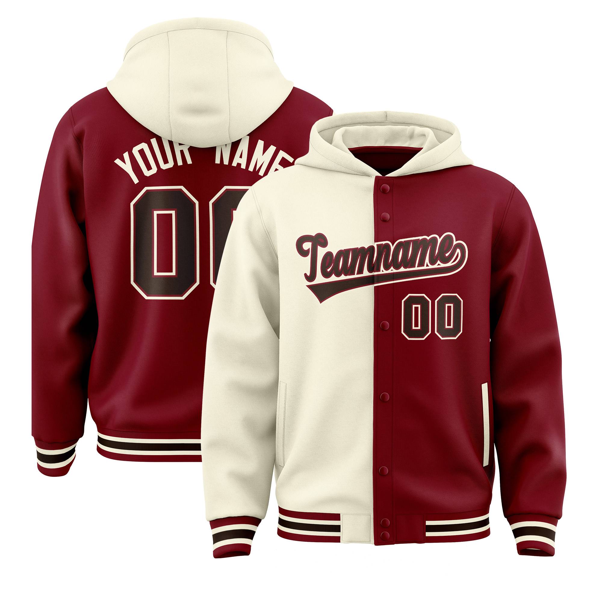 Custom Cream Crimson Split Fashion Varsity Full-Snap Letterman Two Tone Hoodie Jacket