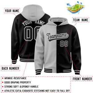 Custom Gray Black Split Fashion Varsity Full-Snap Letterman Two Tone Hoodie Jacket