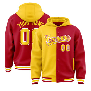 Custom Gold Red Split Fashion Varsity Full-Snap Letterman Two Tone Hoodie Jacket