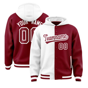 Custom White Crimson Split Fashion Varsity Full-Snap Letterman Two Tone Hoodie Jacket