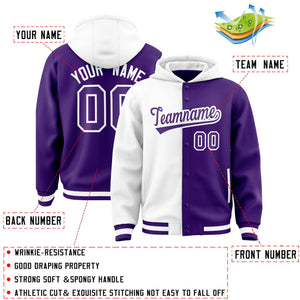 Custom White Purple Split Fashion Varsity Full-Snap Letterman Two Tone Hoodie Jacket