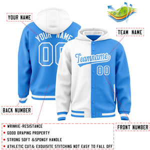 Custom White Powder Blue Split Fashion Varsity Full-Snap Letterman Two Tone Hoodie Jacket