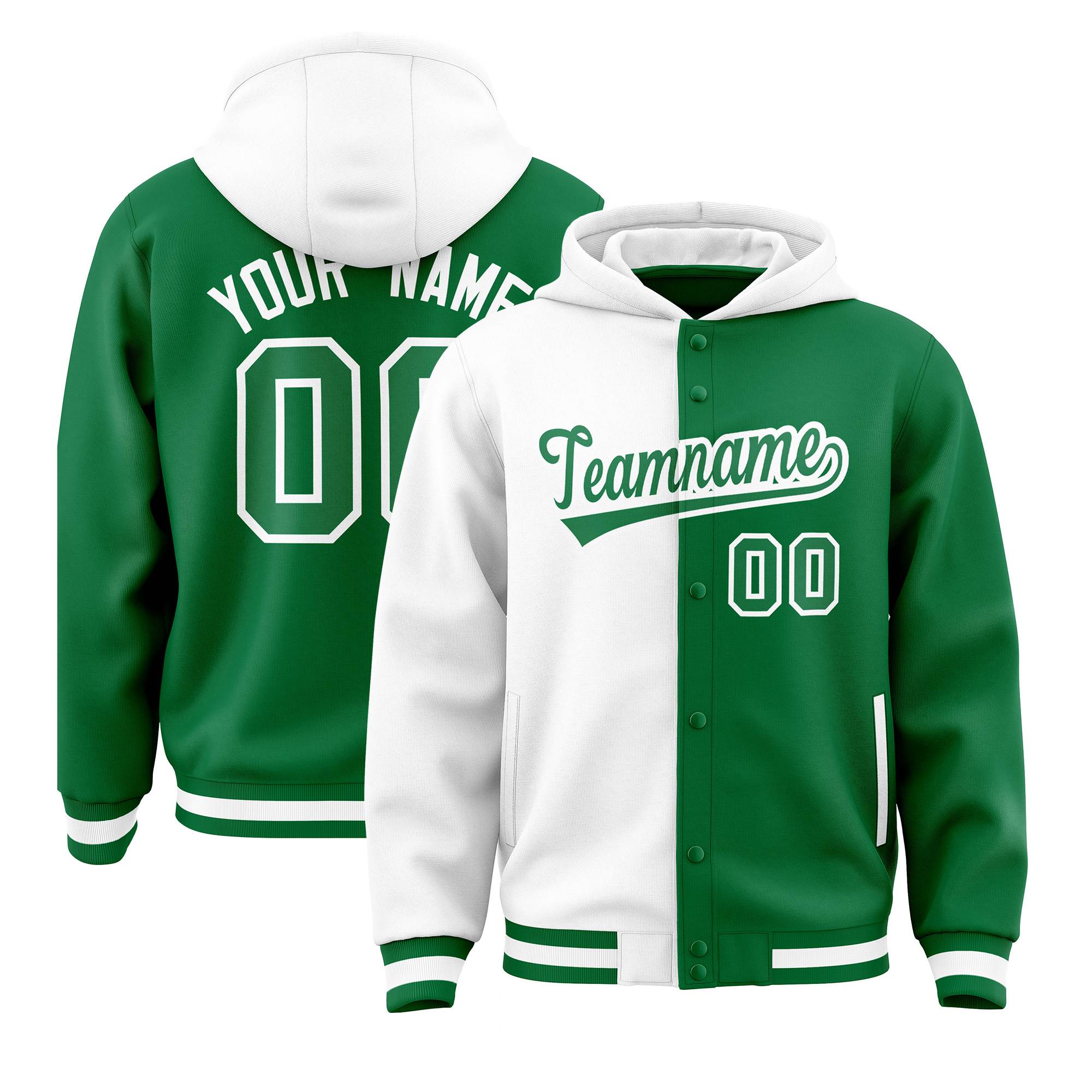 Custom White Kelly Green Split Fashion Varsity Full-Snap Letterman Two Tone Hoodie Jacket