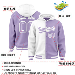 Custom White Light Purple Split Fashion Varsity Full-Snap Letterman Two Tone Hoodie Jacket