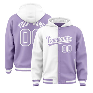 Custom White Light Purple Split Fashion Varsity Full-Snap Letterman Two Tone Hoodie Jacket