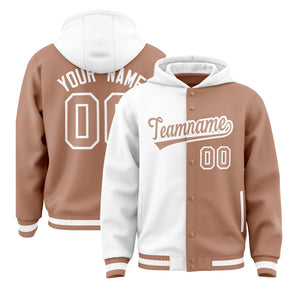 Custom White Light Brown Split Fashion Varsity Full-Snap Letterman Two Tone Hoodie Jacket