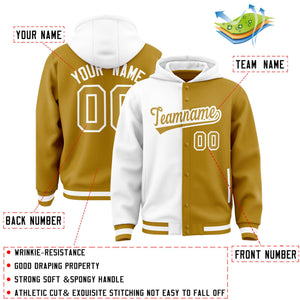 Custom White Old Gold Split Fashion Varsity Full-Snap Letterman Two Tone Hoodie Jacket