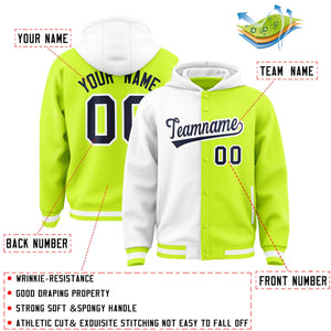 Custom White Neon Green Split Fashion Varsity Full-Snap Letterman Two Tone Hoodie Jacket