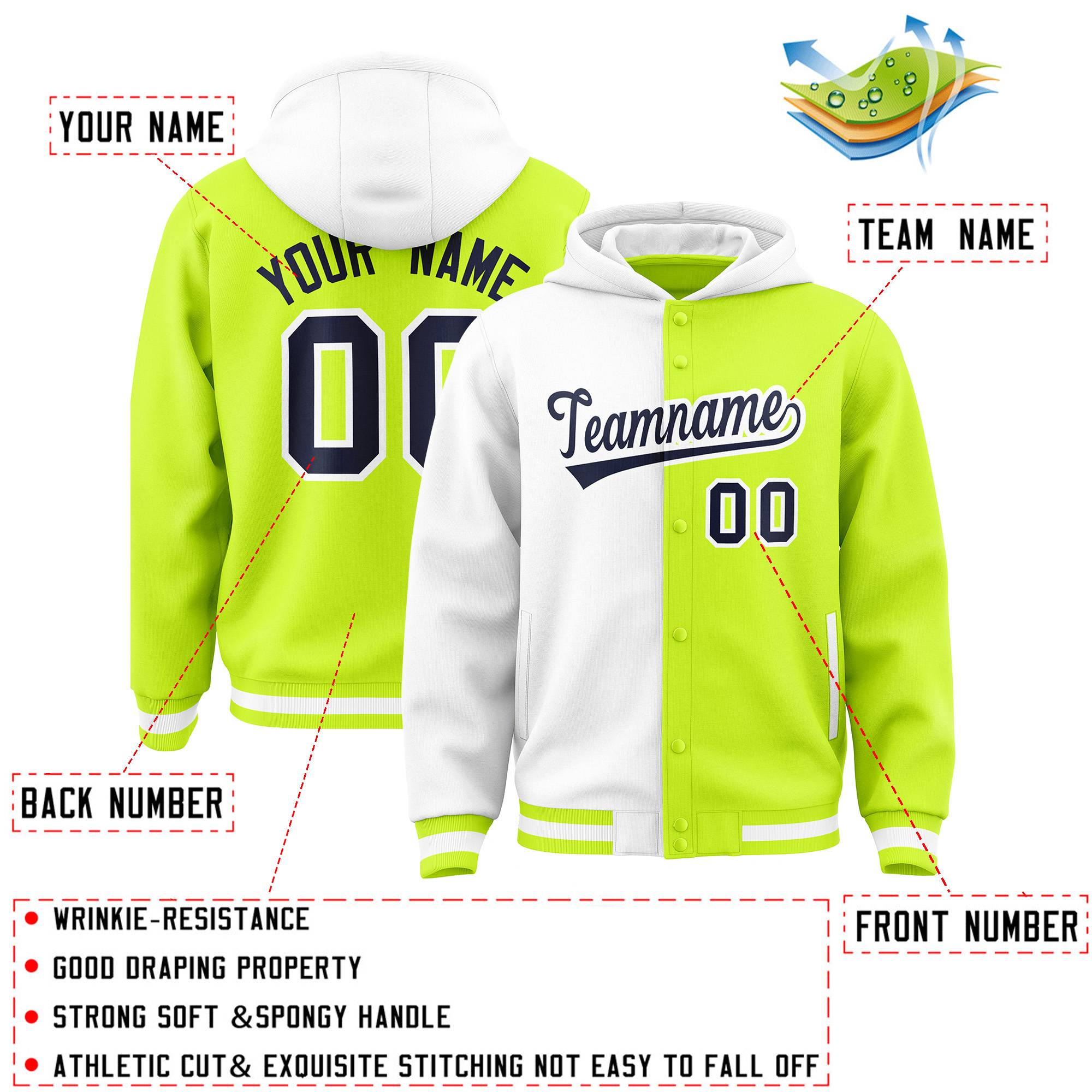 Custom White Neon Green Split Fashion Varsity Full-Snap Letterman Two Tone Hoodie Jacket