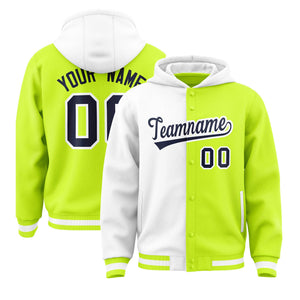 Custom White Neon Green Split Fashion Varsity Full-Snap Letterman Two Tone Hoodie Jacket