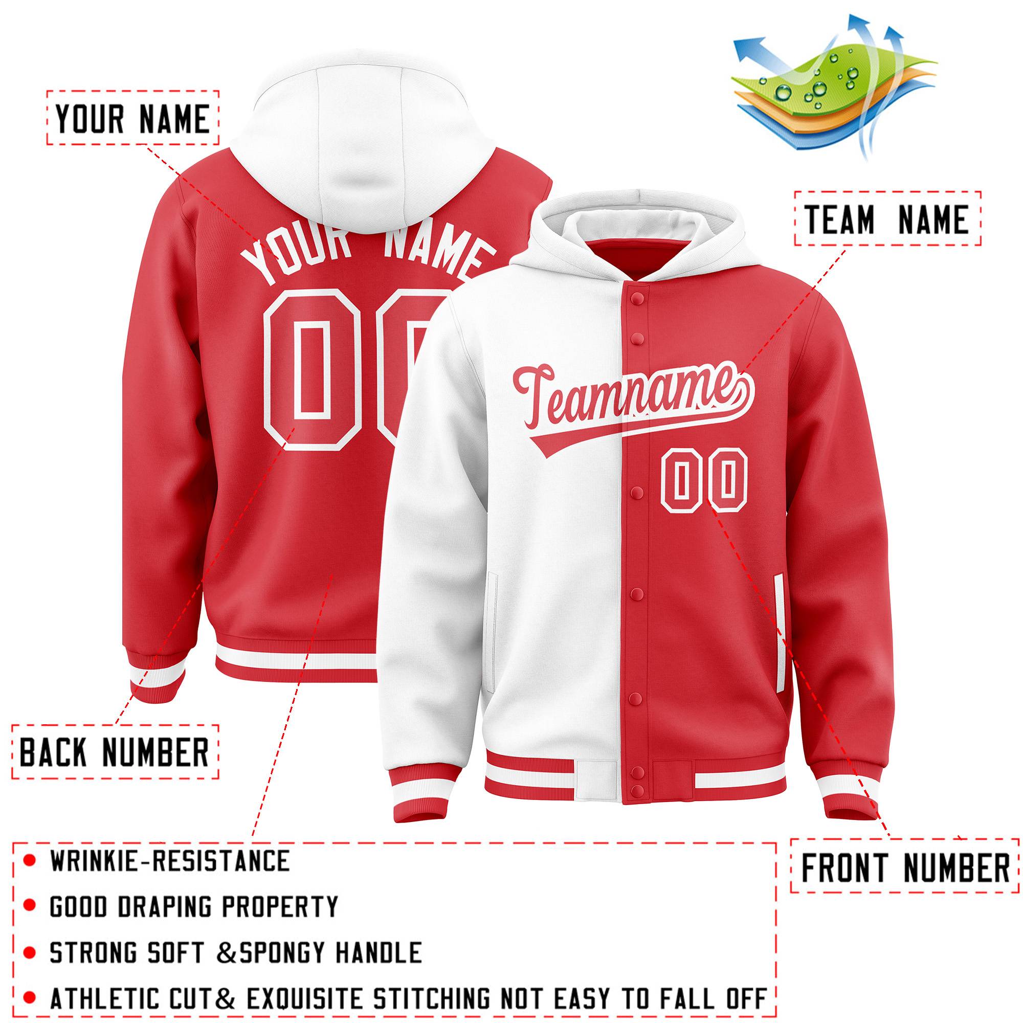 Custom White Light Red Split Fashion Varsity Full-Snap Letterman Two Tone Hoodie Jacket