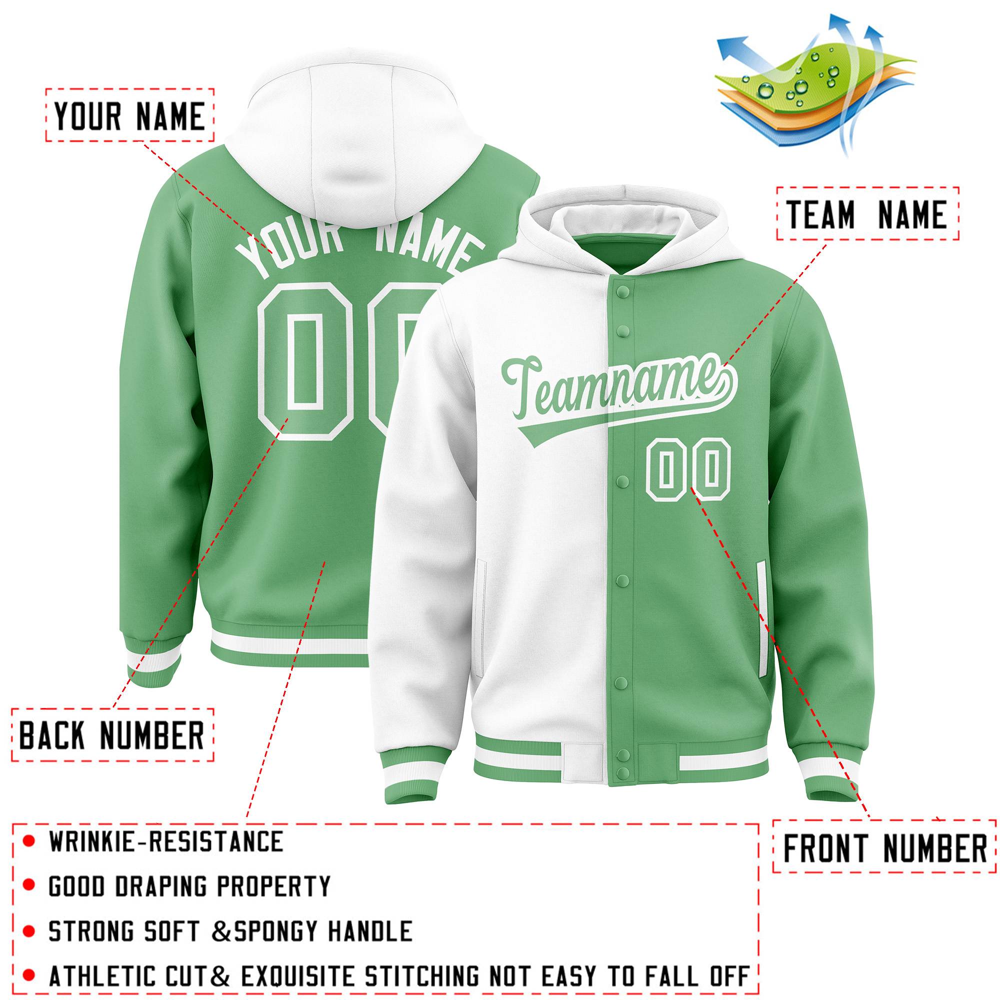 Custom White Green Split Fashion Varsity Full-Snap Letterman Two Tone Hoodie Jacket