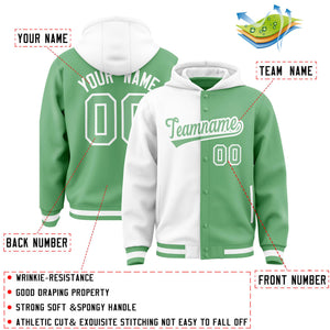 Custom White Green Split Fashion Varsity Full-Snap Letterman Two Tone Hoodie Jacket