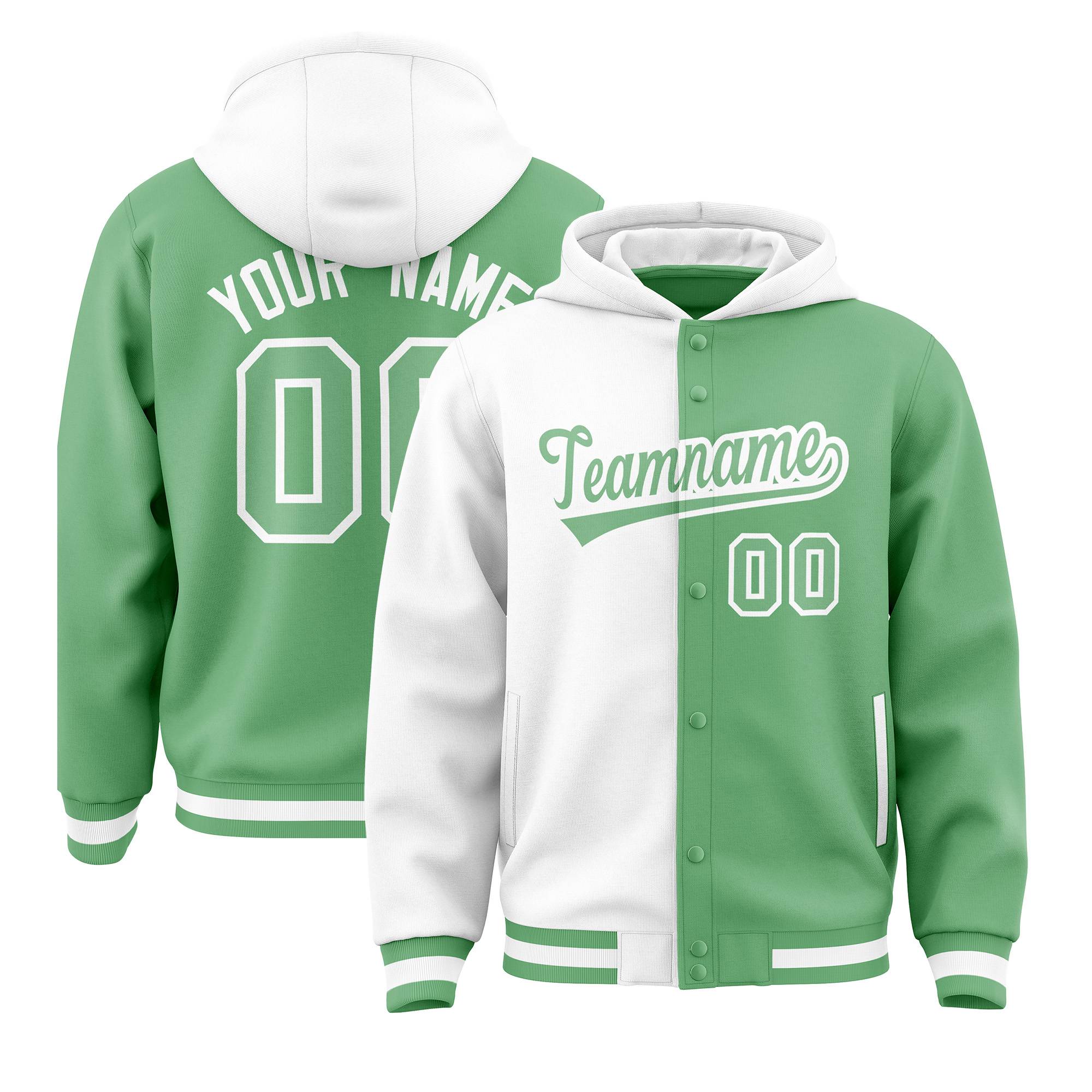 Custom White Green Split Fashion Varsity Full-Snap Letterman Two Tone Hoodie Jacket