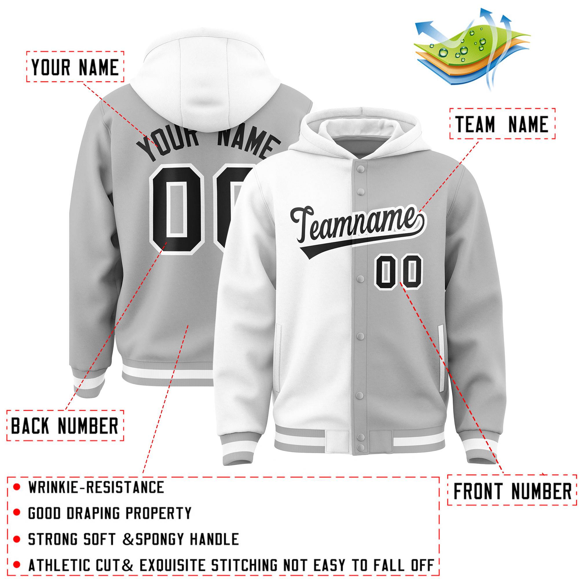 Custom White Gray Split Fashion Varsity Full-Snap Letterman Two Tone Hoodie Jacket