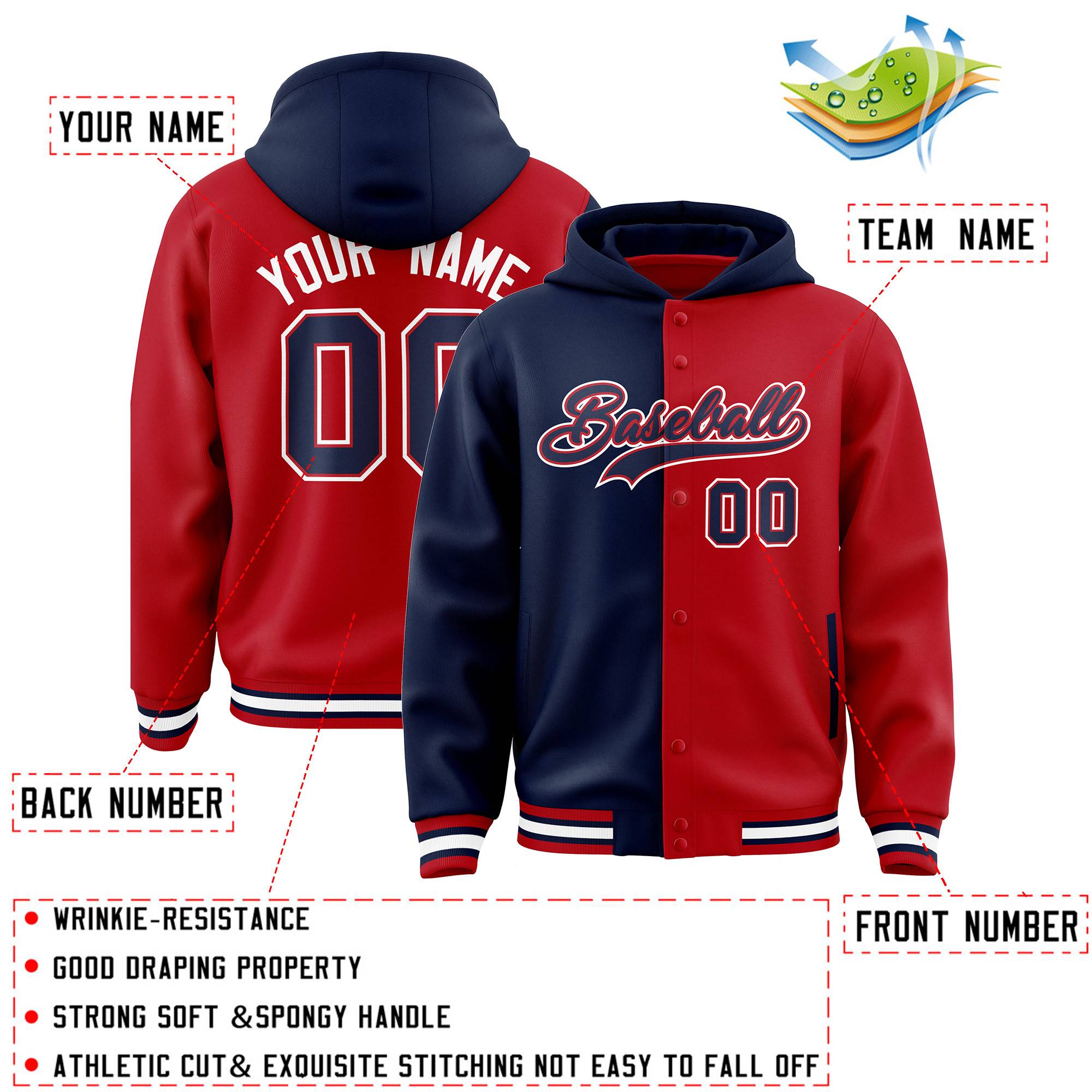 Custom Navy Red Split Fashion Varsity Full-Snap Letterman Two Tone Hoodie Jacket