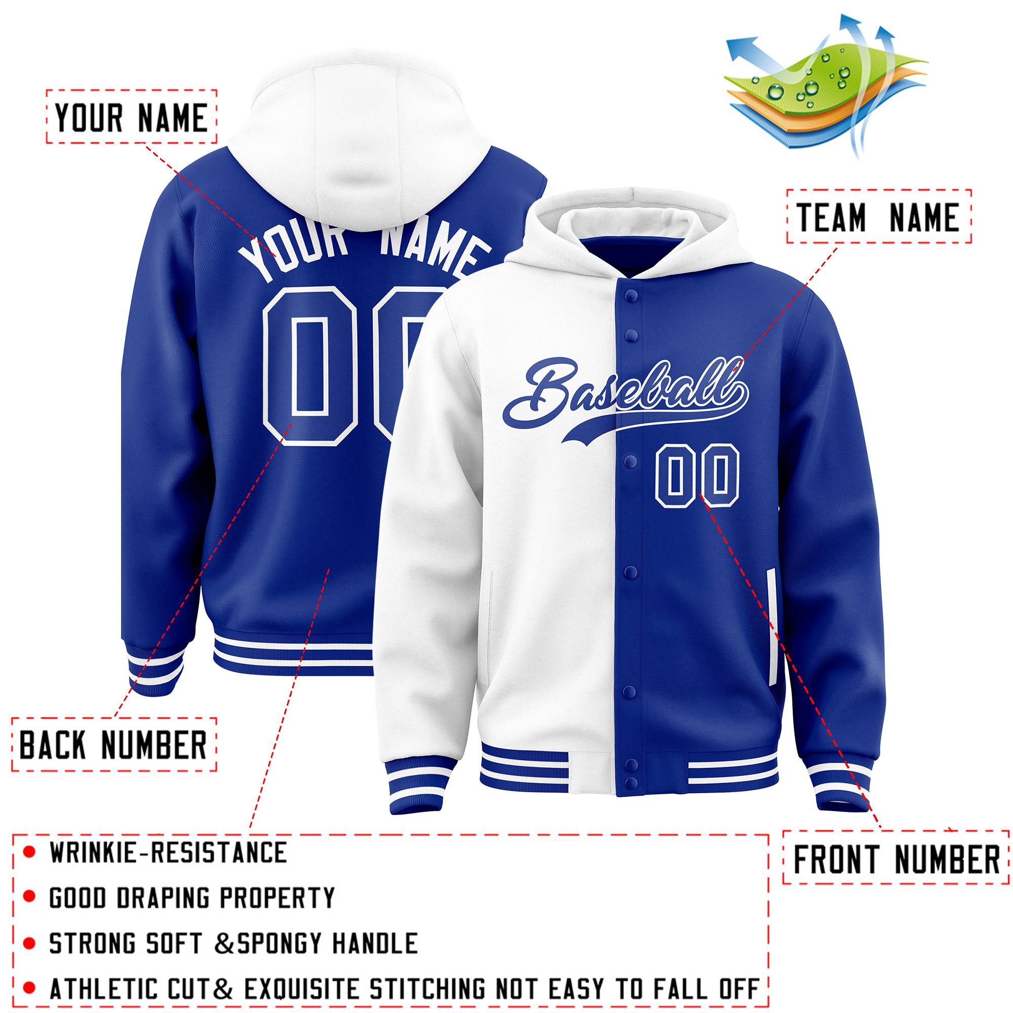 Custom White Royal Split Fashion Varsity Full-Snap Letterman Two Tone Hoodie Jacket