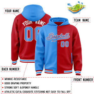 Custom Powder Blue Red Split Fashion Varsity Full-Snap Letterman Two Tone Hoodie Jacket