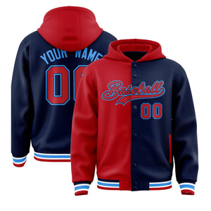 Custom Red Navy Split Fashion Varsity Full-Snap Letterman Two Tone Hoodie Jacket